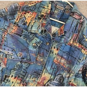 Chico's Jacket Women's Size 1 Medium Linen Cotton Abstract City Jacket Shacket‎